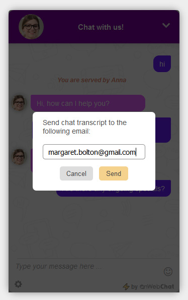 onWebChat - chat window (chat widget) visitor can send chat to their email