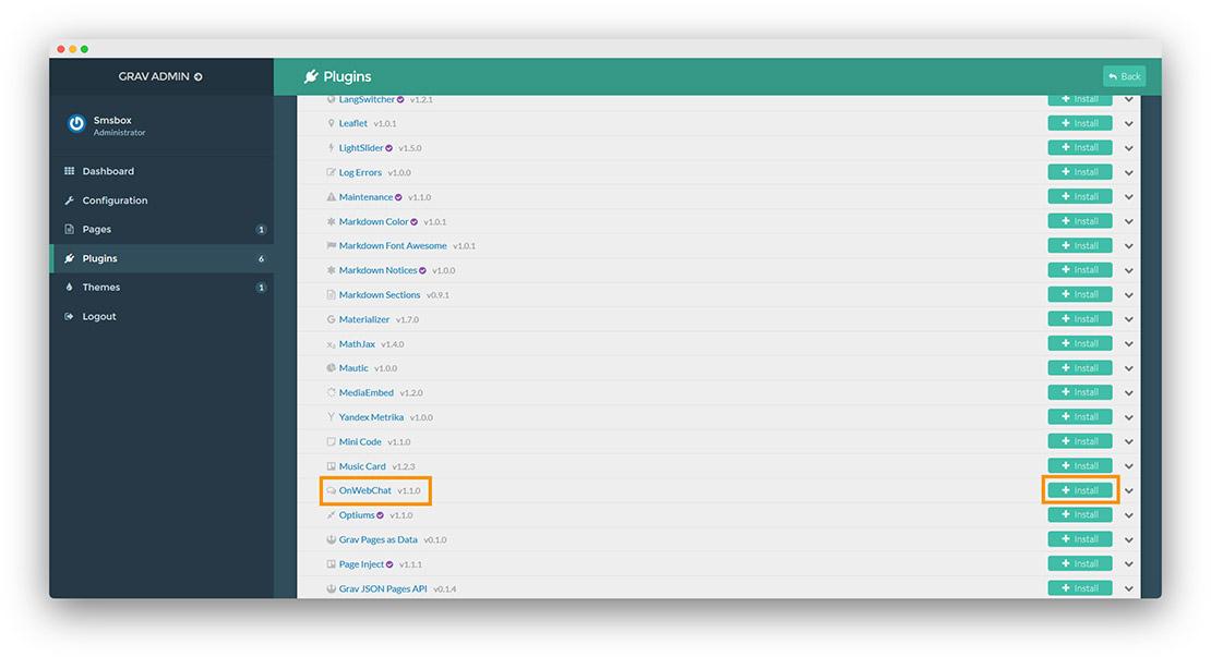Grav - onWebChat live chat - plugin installation instructions step1