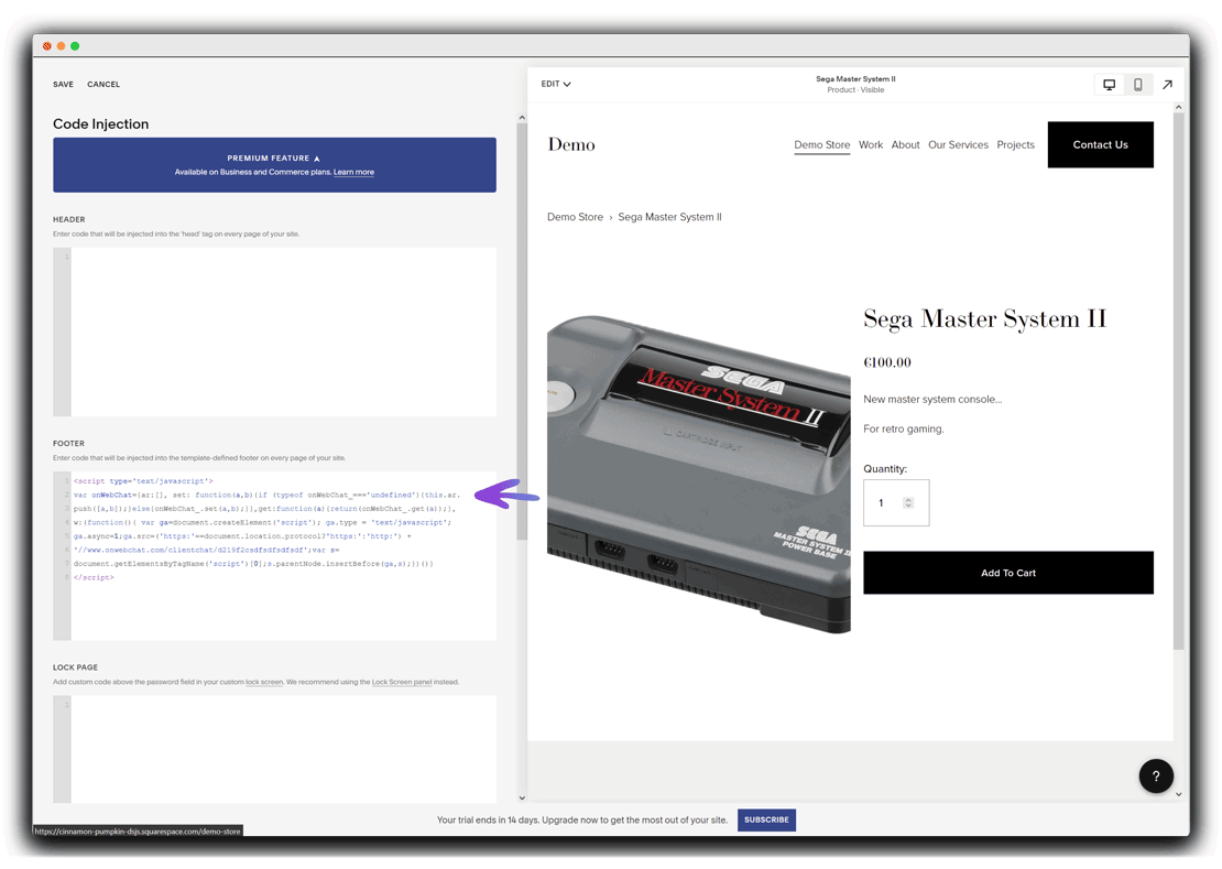 Squarespace - onWebChat live chat - installation instructions step3